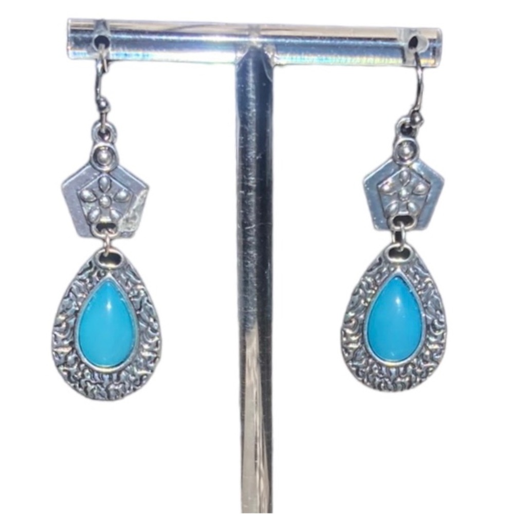 Flower Pattern Water Drop Shape Inlaid Synthetic Gemstone Dangle Earrings Retro - Picture 5 of 11